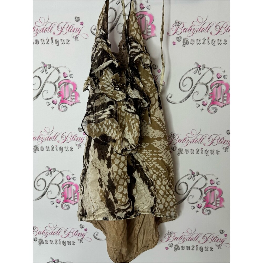 Silk Tank top snake skin print ruffles tiered  Brown Patterned Ruffle Tank Top